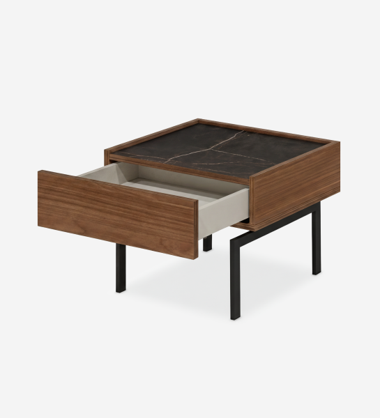 Lagos Bedside Table walnut finish with black marble top, open drawer and metal legs