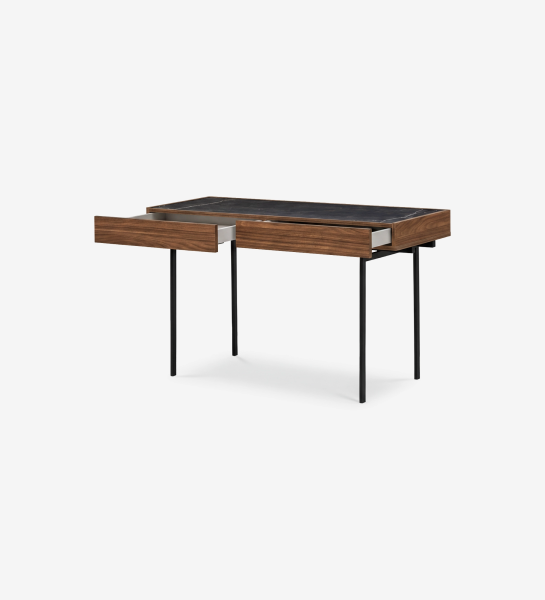 Secretaria Lagos de madera con sobre negro, patas metálicas y dos cajones