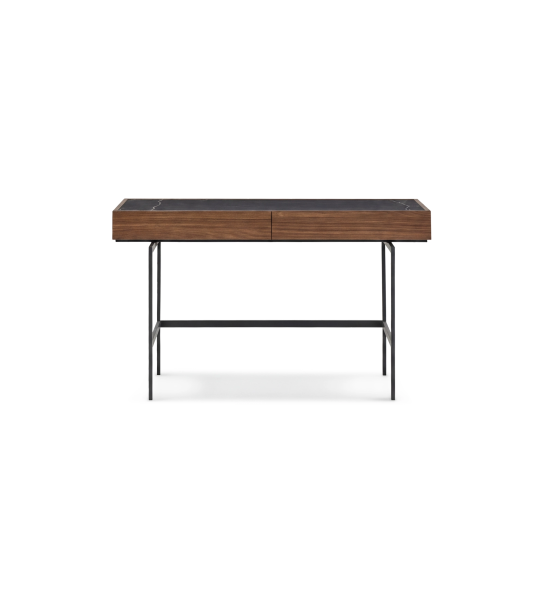 Desk with 2 drawers in walnut and Port Laurent marble laminate top and black lacquered metal legs