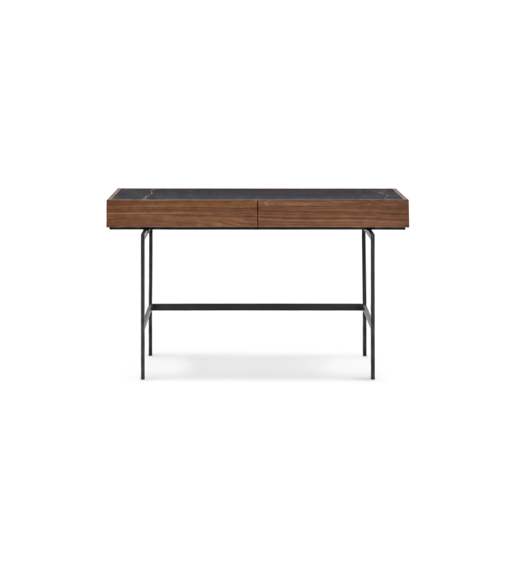 Desk with 2 drawers in walnut and Port Laurent marble laminate top and black lacquered metal legs