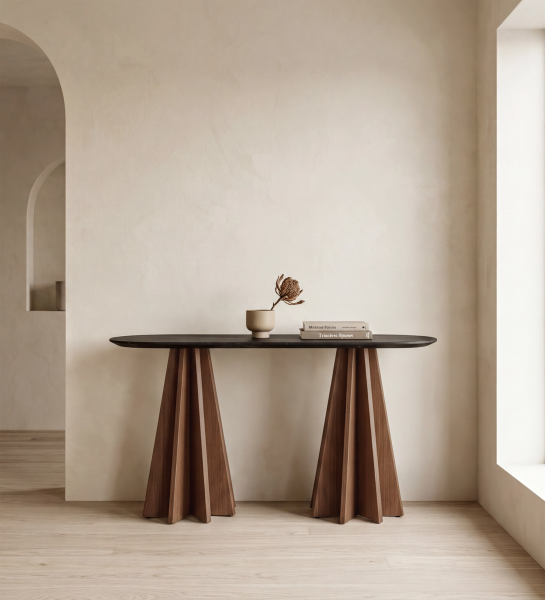 Lagos Console with dark oval top and two sculpted wooden pedestal bases