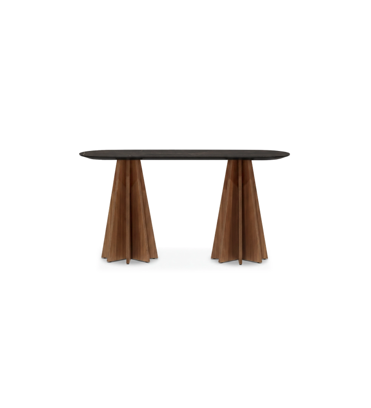 Consola Lagos com pés em nogueira e tampo em laminado mármore port laurent