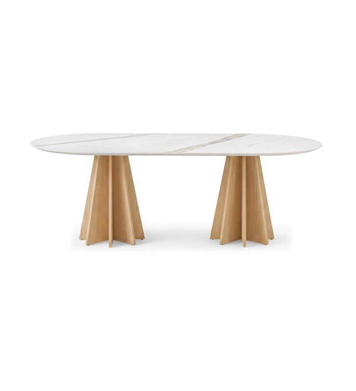 Mesa de Jantar Lagos com pés em carvalho cor natural e tampo em laminado mármore calacatta gold