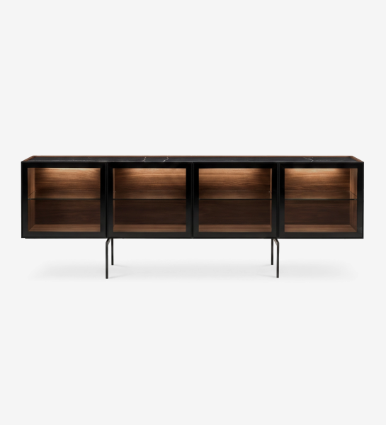Lagos Sideboard, four glass-front cabinets with black frame, walnut interior and metal legs