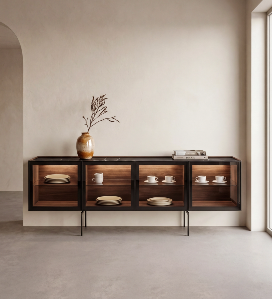 Lagos Sideboard with glass-front cabinets, wood interiors, stacked plates, cups and a vase