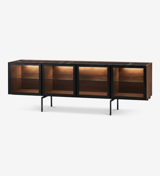 Lagos Sideboard with four glass doors, warm interior lighting, walnut finish and black metal legs