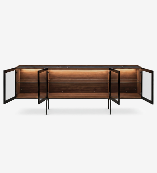 Lagos Sideboard with open glass-front doors, walnut interior and black metal legs
