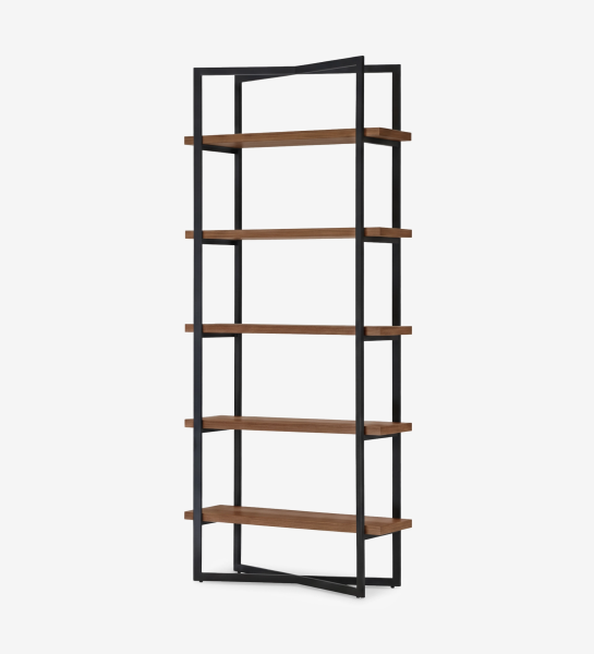 Lagos Bookcase with five walnut shelves and black metal frame
