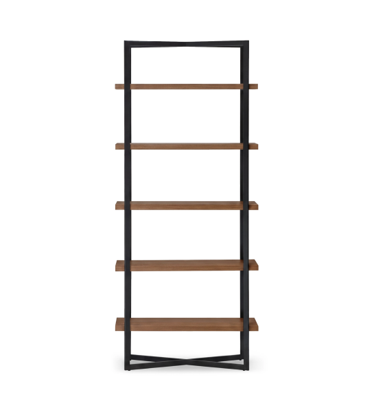 Shelving unit with walnut shelves and black lacquered metal frame.