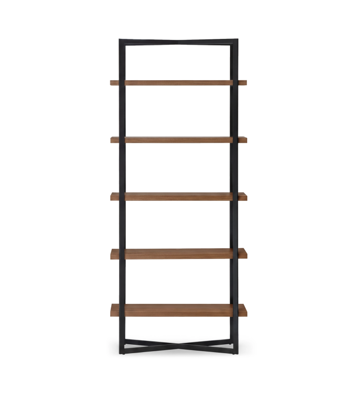 Estante com prateleiras em nogueira e estrutura metálica lacada a negro.