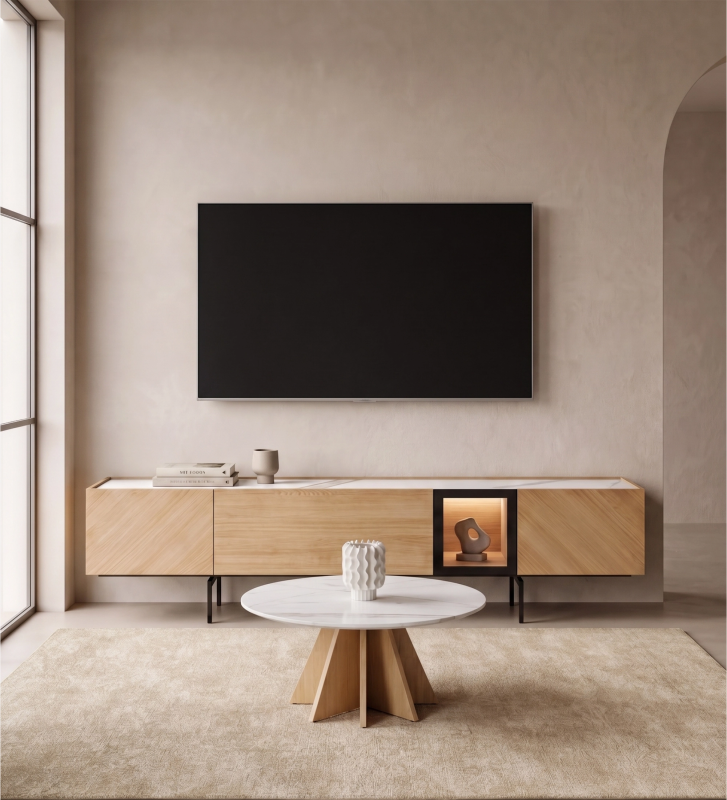 Móvel TV com 4 portas, 1 basculante e 1 porta de vidro, em carvalho natural com iluminação interior, tampo em laminado mármore port laurent e pés metálicos lacados a negro
