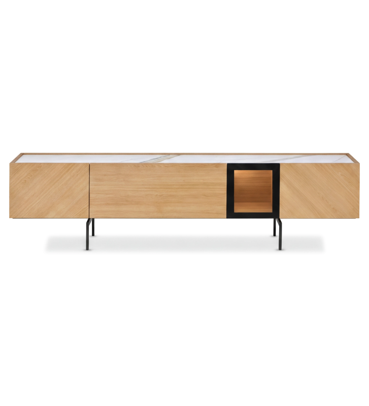 Móvel TV com 4 portas, 1 basculante e 1 porta de vidro, em carvalho natural com iluminação interior, tampo em laminado mármore port laurent e pés metálicos lacados a negro