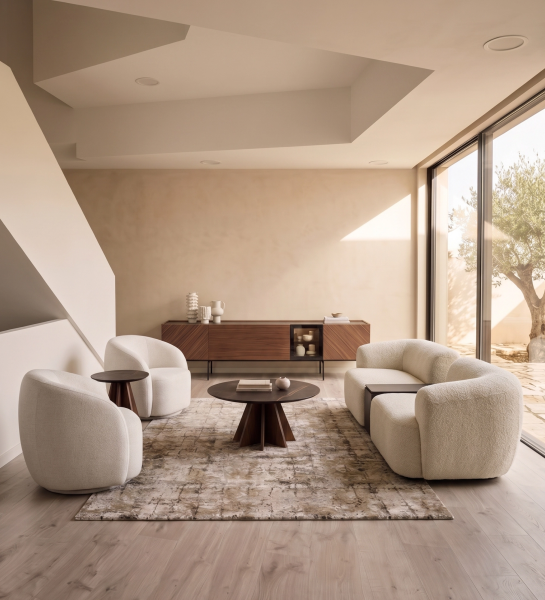 Lagos Center Table in modern living room with round dark wood table, curved cream sofa and chairs