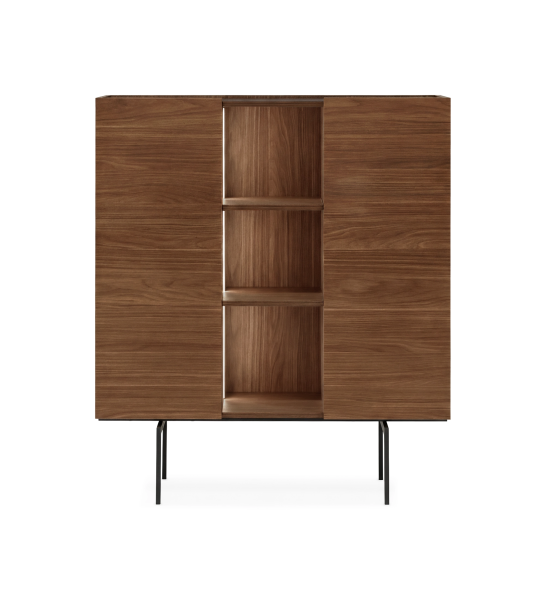 Louceiro com 2 portas em nogueira e estante de prateleiras com iluminação, tampo em laminado mármore Port Laurent e pés metálicos lacados a negro