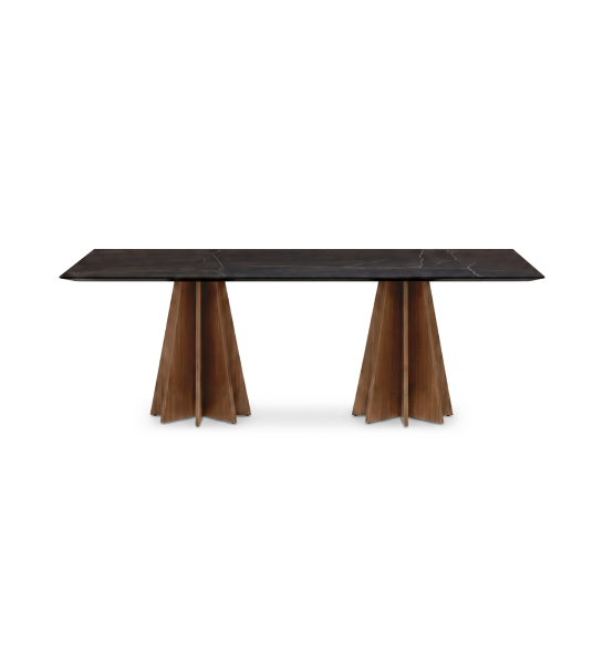 Lagos Dining Table with walnut legs and Port Laurent marble-effect laminate top