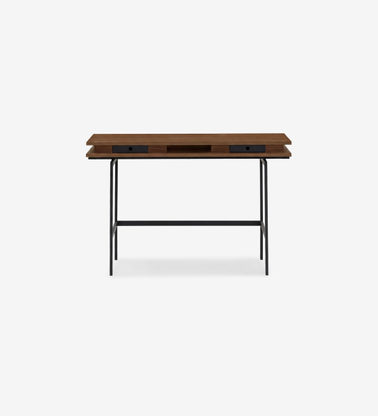 Tocador Secretaria Lagos de madera oscura con dos cajones y patas metálicas negras