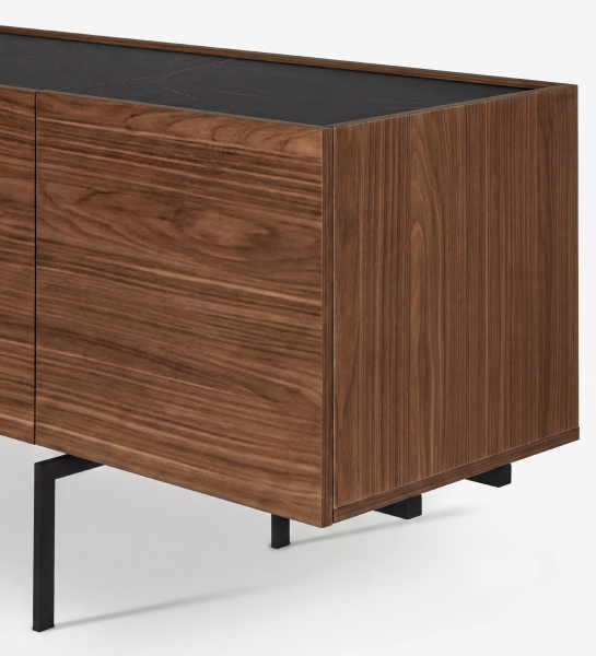 Buffet Lagos en noyer avec plateau noir et pieds métalliques