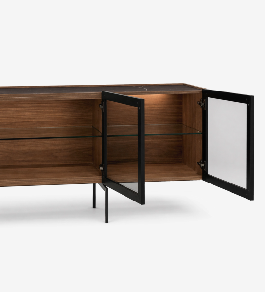 Buffet Lagos en bois avec portes vitrées ouvertes et étagère en verre