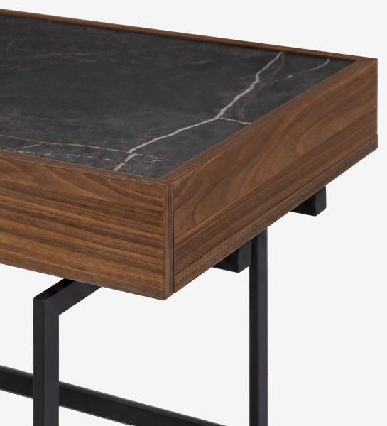 Lagos Desk corner with walnut frame, black marble top, and black metal legs