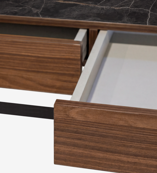 Lagos Desk open walnut drawers under dark marble top with metal runners