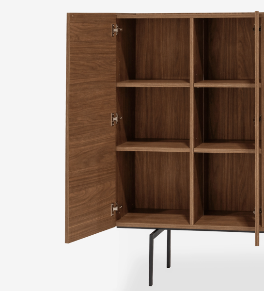 Lagos Cupboard walnut cabinet with open door showing six compartments on black legs