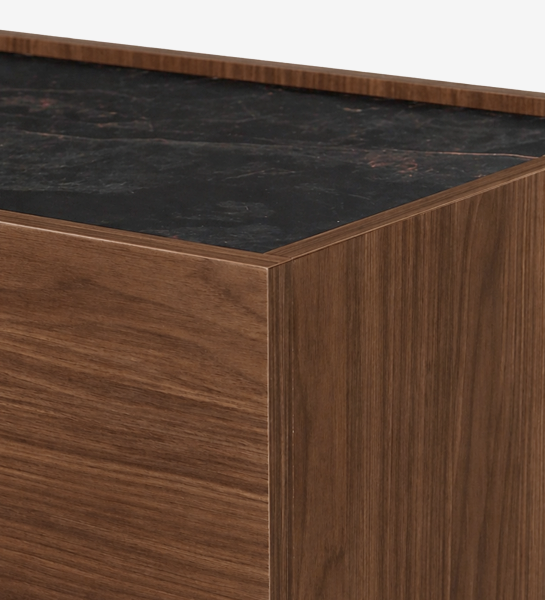 Lagos Cupboard walnut veneer close-up showing black stone top and wood grain corner
