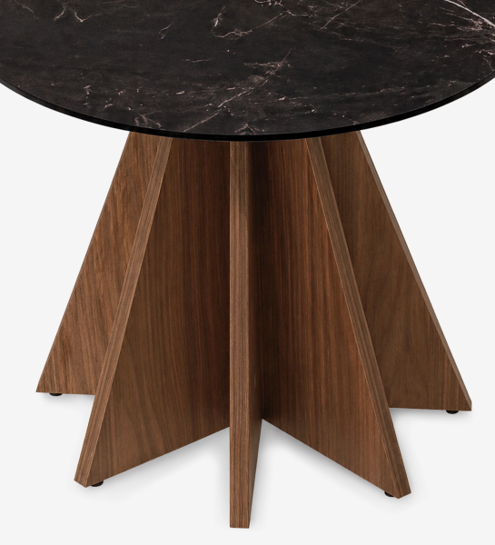 Table d'appoint ronde à plateau marbre noir et piétement étoile en bois