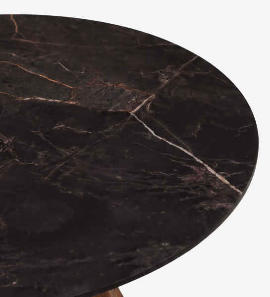 Plateau rond en marbre noir veiné, détail du bord et base en bois
