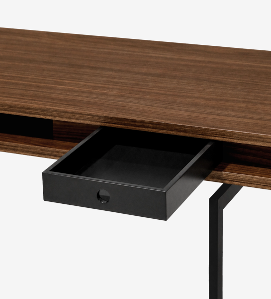 Lagos dresser with vanity close-up of wood top, open black drawer and metal leg