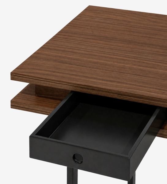 Lagos Vanity Desk with walnut top and open black drawer