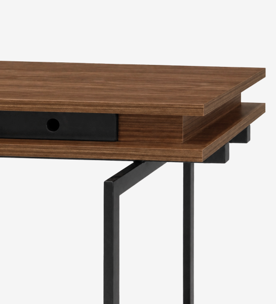 Lagos Vanity Desk walnut layered top with black recessed drawer and metal legs