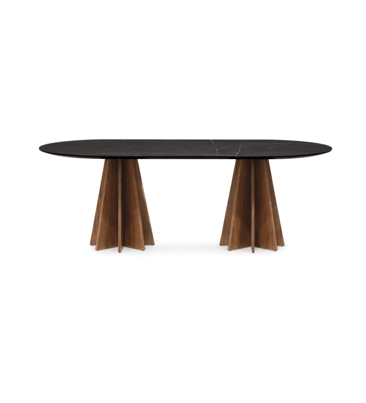 Mesa de Jantar Lagos com pés em nogueira cor natural e tampo em laminado mármore Port Laurent.