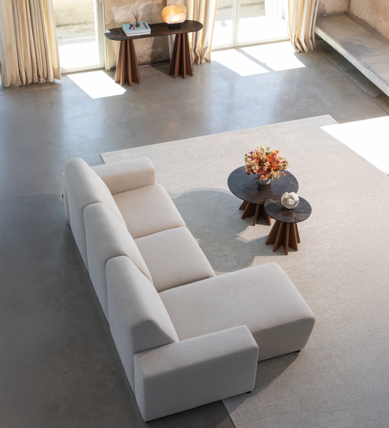 Lagos Sofa with Chaise Longue, light gray sectional with chaise and round coffee tables