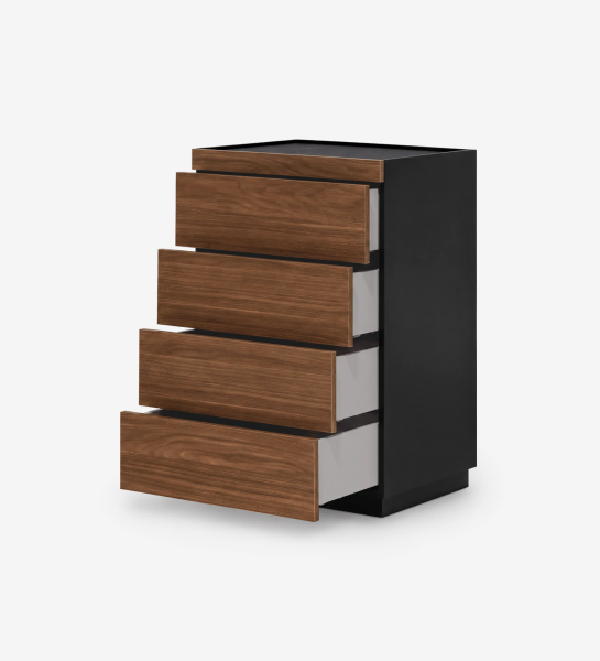 Lagos Dresser with four partially open walnut drawers and black frame