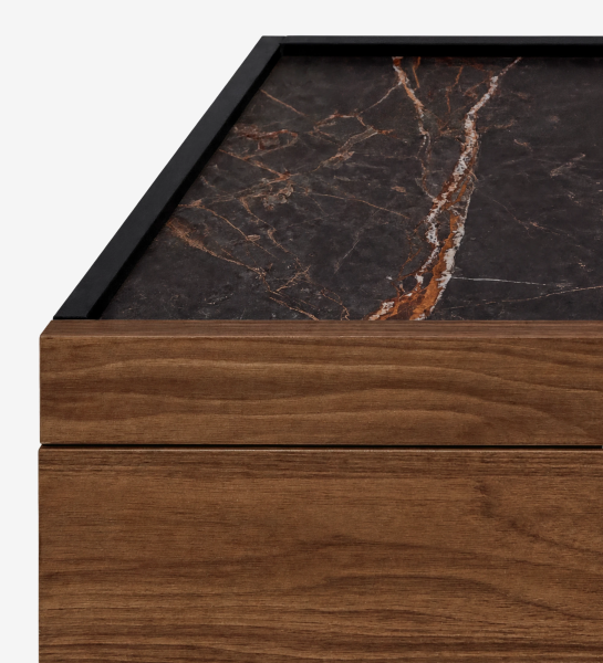 Lagos Dresser close-up of walnut drawer front and dark veined marble top