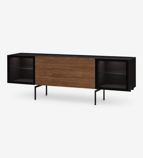 Lagos Sideboard with walnut drawers, black frame and glass-shelved side cabinets on metal legs