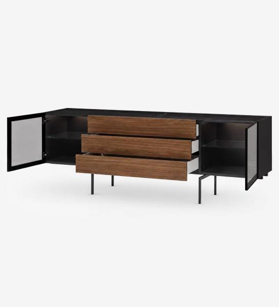 Lagos Sideboard with black metal frame, three walnut drawers and glass-front cabinets