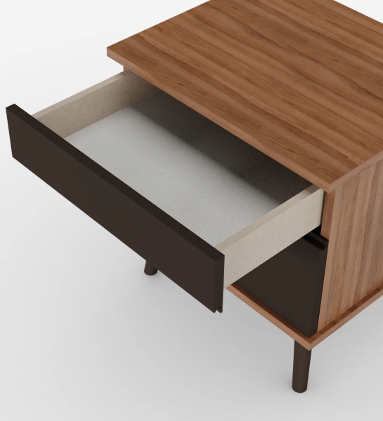 Bedside Table with 2 drawers and turned feet lacquered in dark brown, walnut structure.