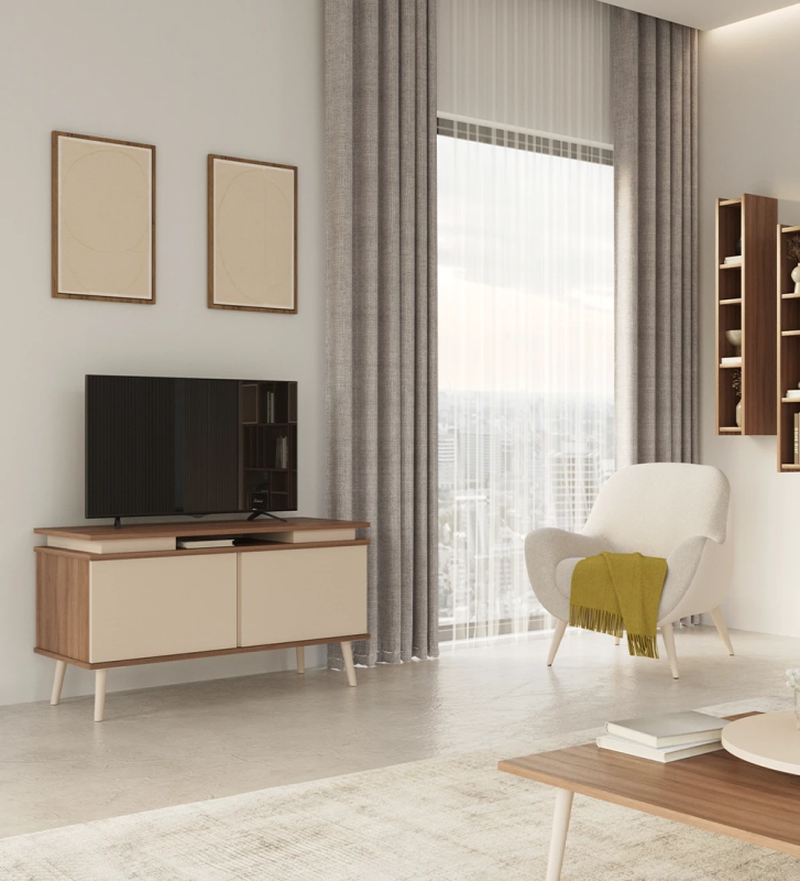 Oslo TV stand 2 doors and feet lacquered in pearl, walnut structure, 120 x 58,8 cm.