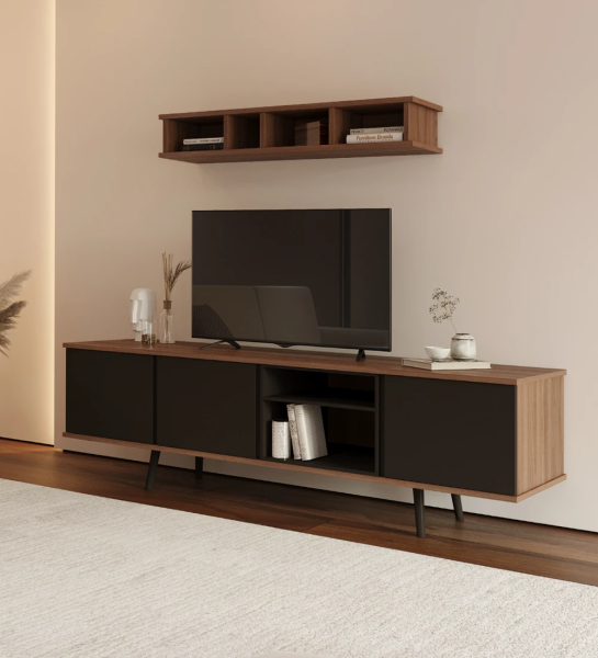 Oslo TV stand 3 doors, module and feet lacquered in dark brown, walnut structure, 200 x 58,8 cm.