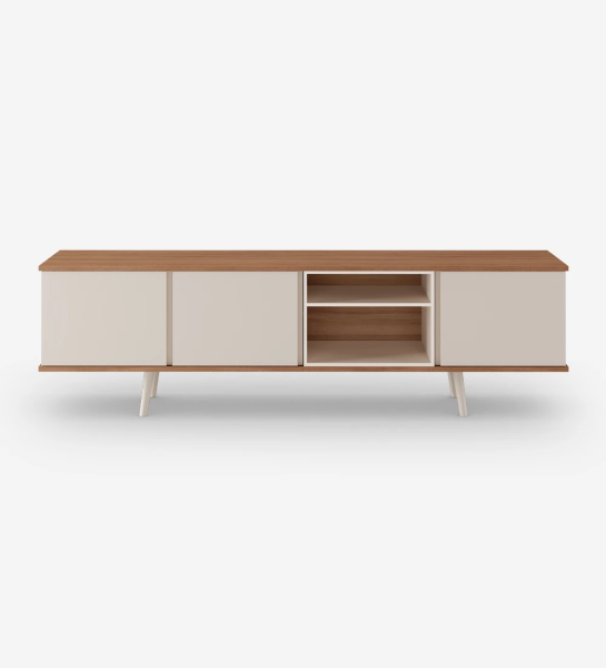 Oslo TV stand 3 doors, module and feet lacquered in pearl, walnut structure, 200 x 58,8 cm.