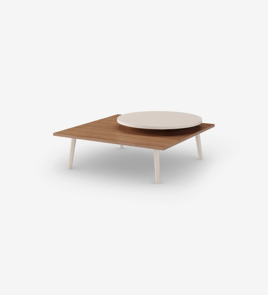 Oslo square center table, walnut bottom top, round top and pearl lacquered feet, 90 x 90 cm.