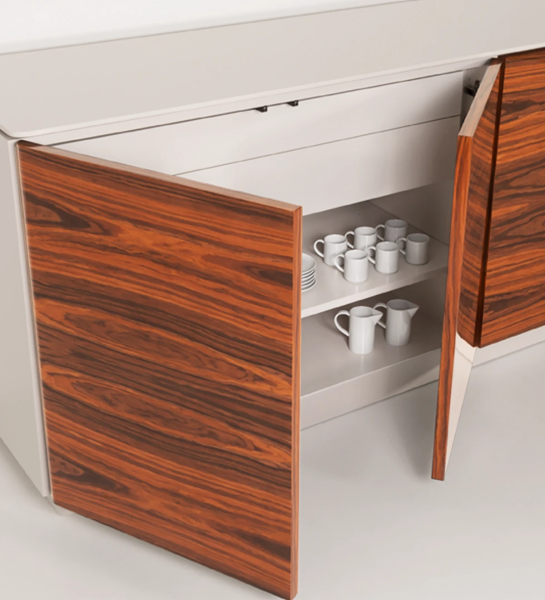 Sideboard with 4 doors in high gloss palissander, with a drawer for cutlery, with pearl lacquered top and frame.