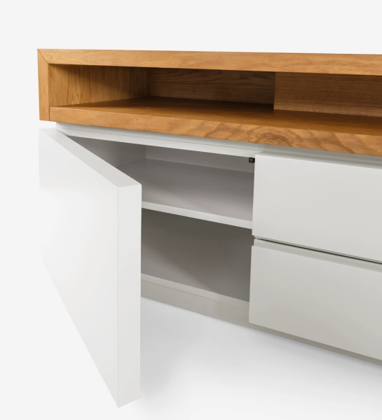 TV Stand with a pearl lacquered structure and honey oak top module.