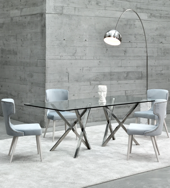 Paris rectangular dining table 200 x 98 cm, glass top, stainless steel feet.