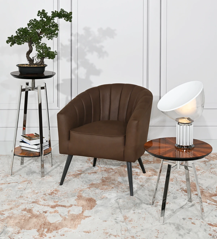 Tokyo armchair upholstered in brown fabric, black lacquered feet.