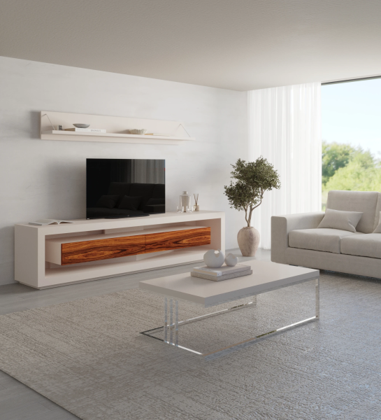 Mueble TV Londres con estructura y módulo de cajones lacado perla, cajones en palisandro alto brillo, 250 x 56 cm.